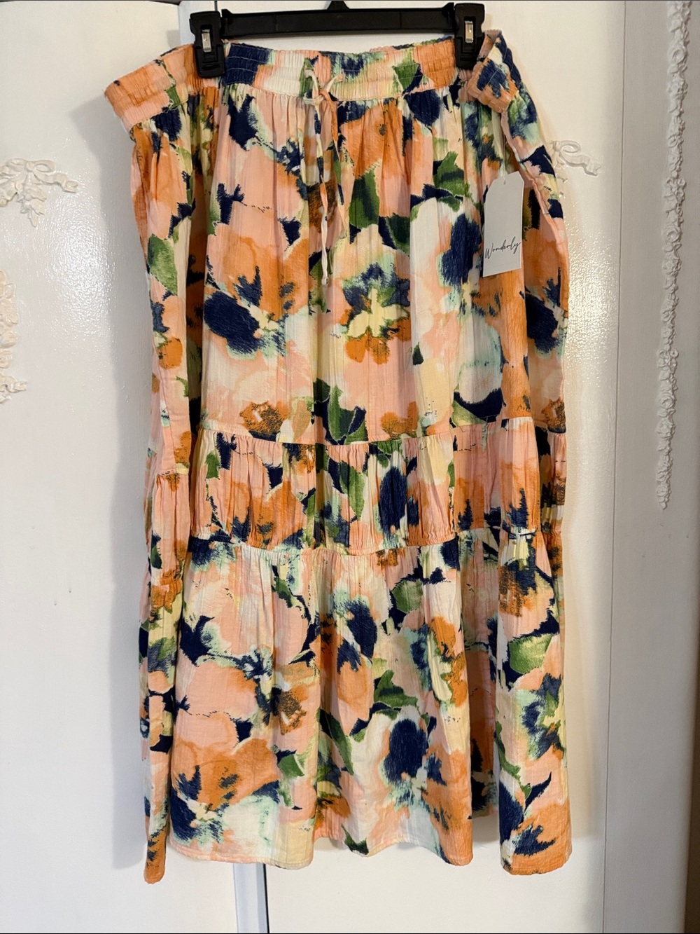 Wonderly Peach, Navy & Green Floral Tiered Maxi Skirt